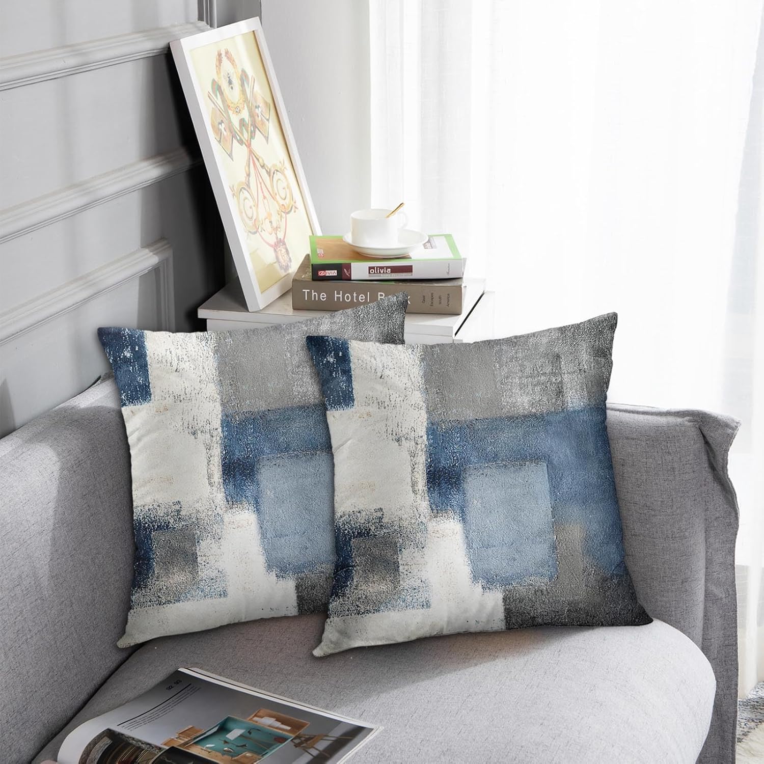 Emvency Set of 2 Throw Pillow Covers Modern Abstract Painting Blue White and Gray Decorative Sofa Pillow Cases Home Decor Standard Square 18x18 Inches Pillowcases