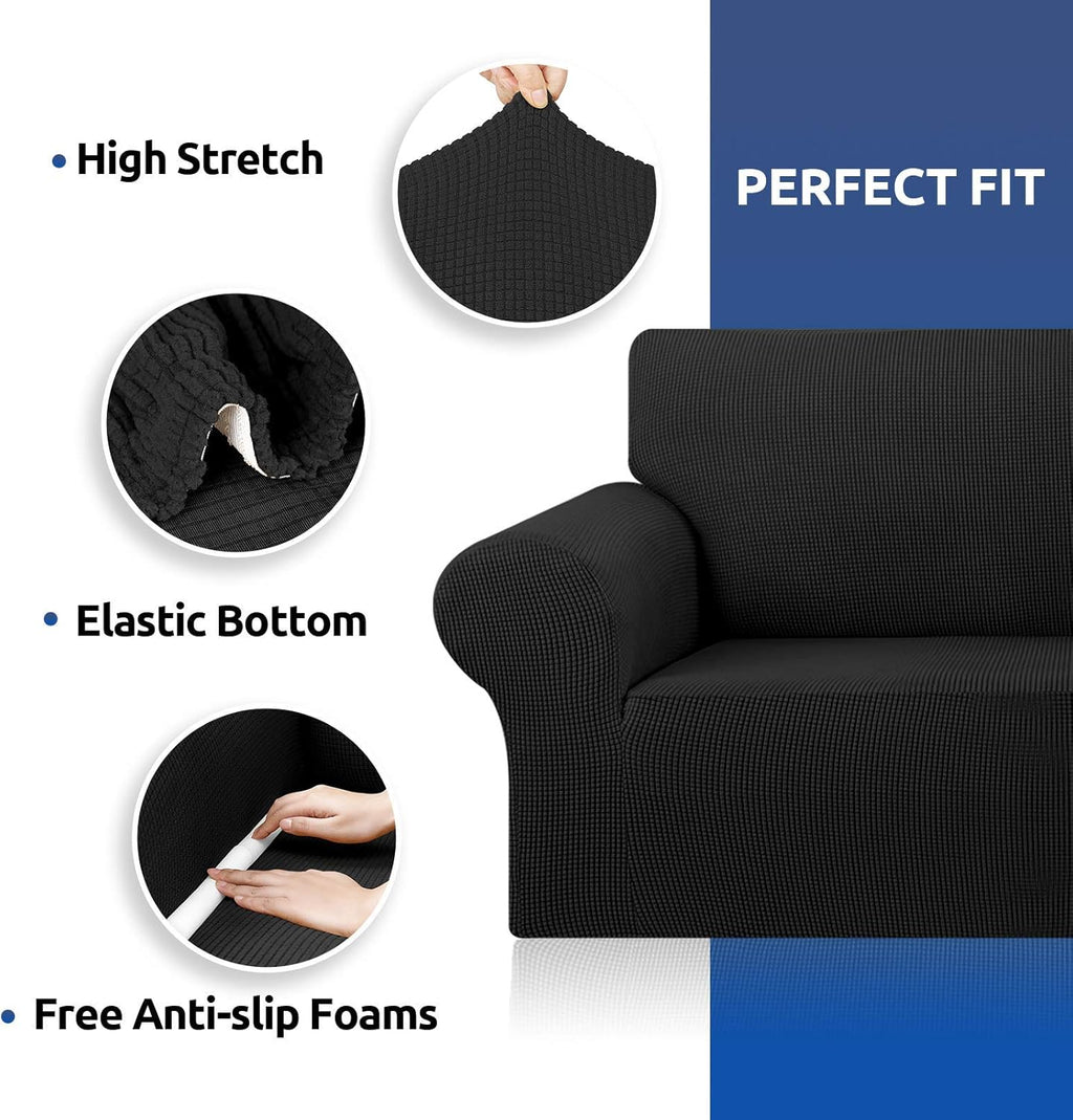 Stretch Sofa Cover Slipcover ，Couch Covers for 3 Cushion Couch Sofa pet Friendly (78"-94") Furniture Protector Sofa with Elastic Bottom for Kids,Dog, Jacquard Small Checked(Large,Black)