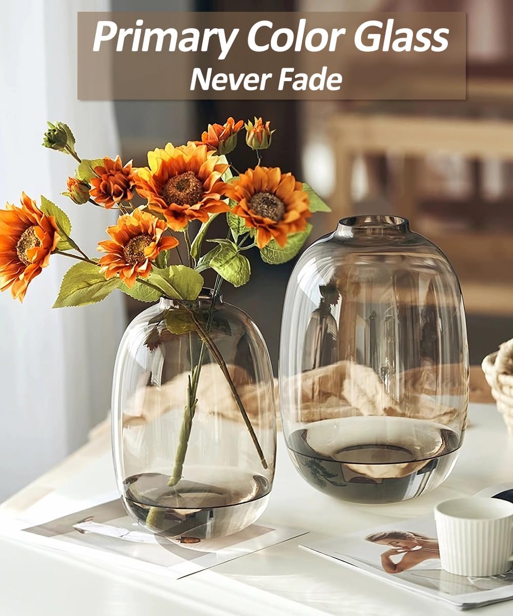 Brown Glass Vase Round Clear Colored Flower Vase for Centerpiece Long Stem Branch Fresh Artificial Plant Bottle Modern Home Indoor Decoration (Brown)