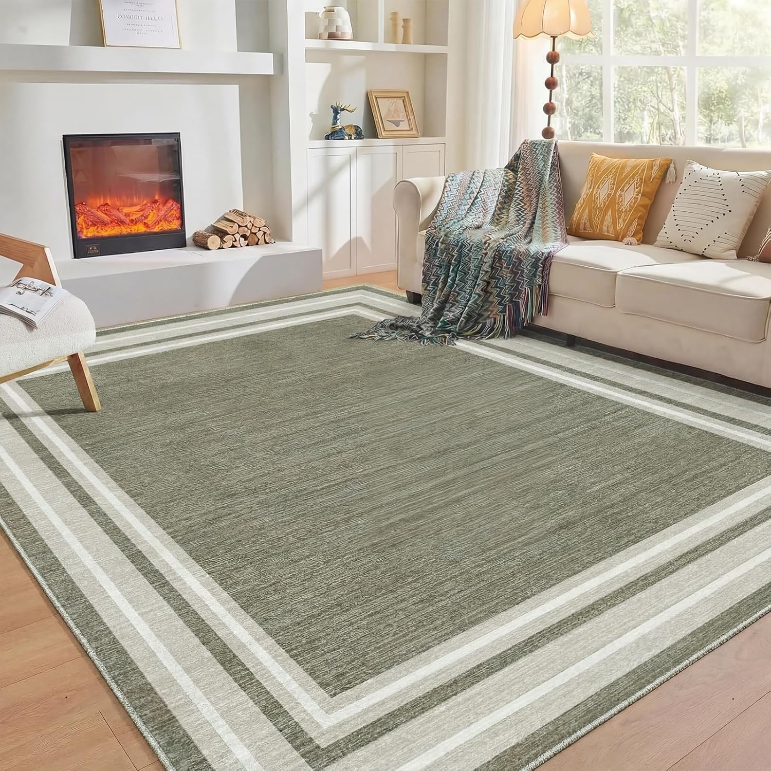 Soft Area Rugs 5x7, 5x7 Washable Rug with Non Slip Backing, 5 x 7 Faux Cashmere Low-Pile Carpet, Navy Blue & Gold