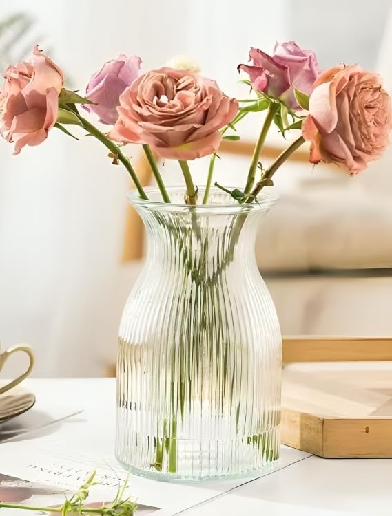New 2026 Design Ribbed Glass Vase Wide - 8 Inch Tall Ribbed Vase for Wedding Reception, Home Decor, Housewarming Gift (Clear) Decorative Flower Vases - Bud Vase for Centerpieces Cylinder Vases