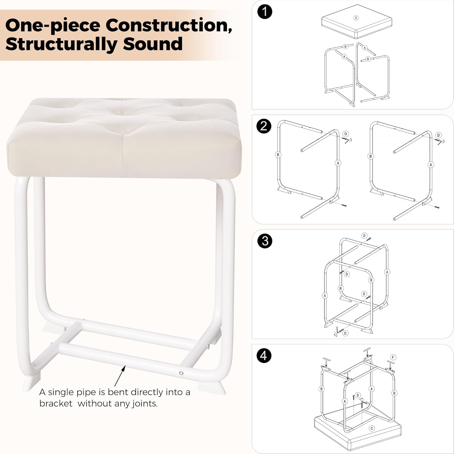 White Vanity Chair, Leather Vanity Stool, Small Stool Chair for Vanity, Square Ottoman Foot Stool, Makeup Vanity Chairs with Thick Padded Seat for Bathroom, Bedroom, Entryway, KFD01W