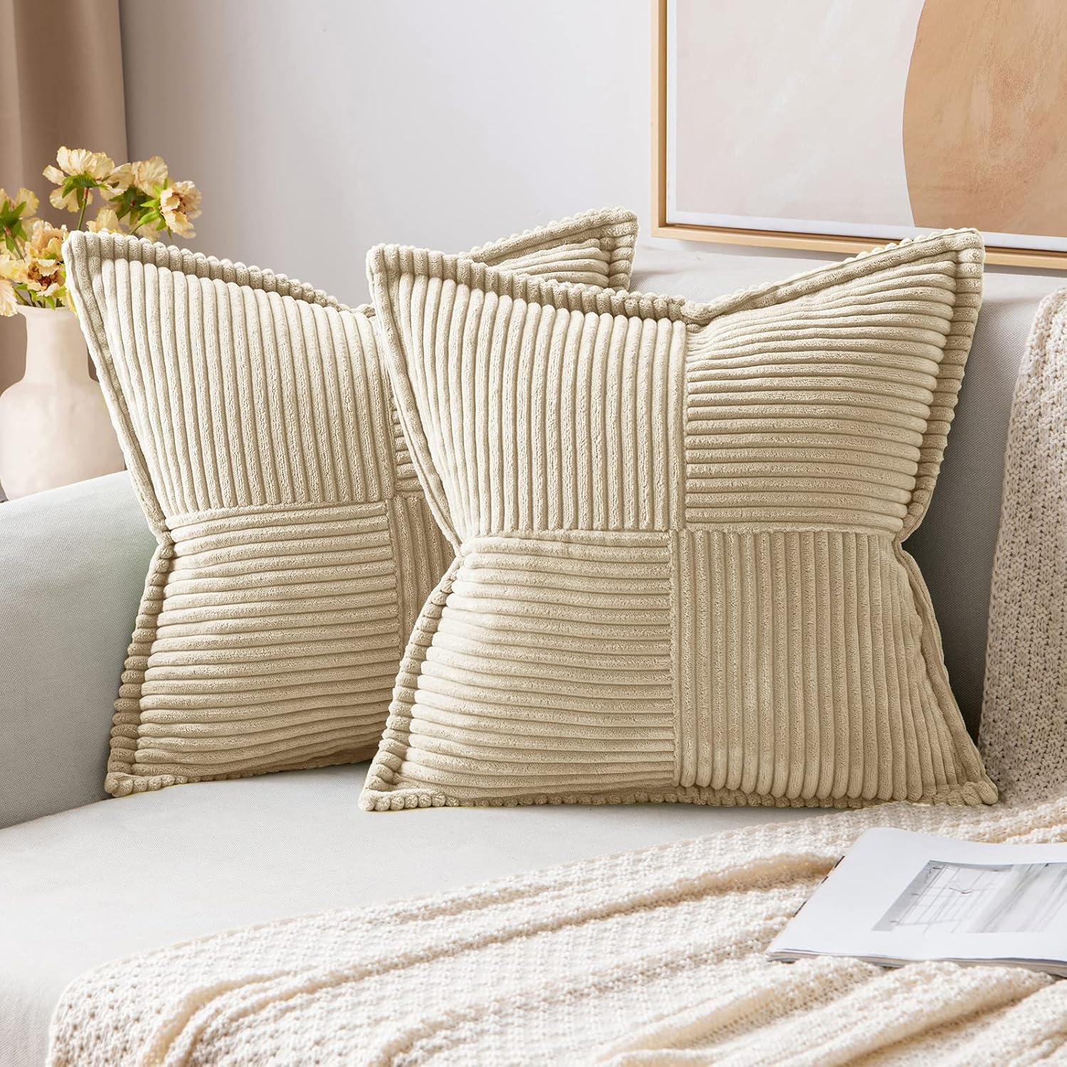 MIULEE Decorative Throw Pillow Covers for Couch Bed Livingroom 18x18 Inch Set of 2 Beige Boho Accent Throw Pllows Broadside Striped Patchwork Soft Corduroy Pillowcases