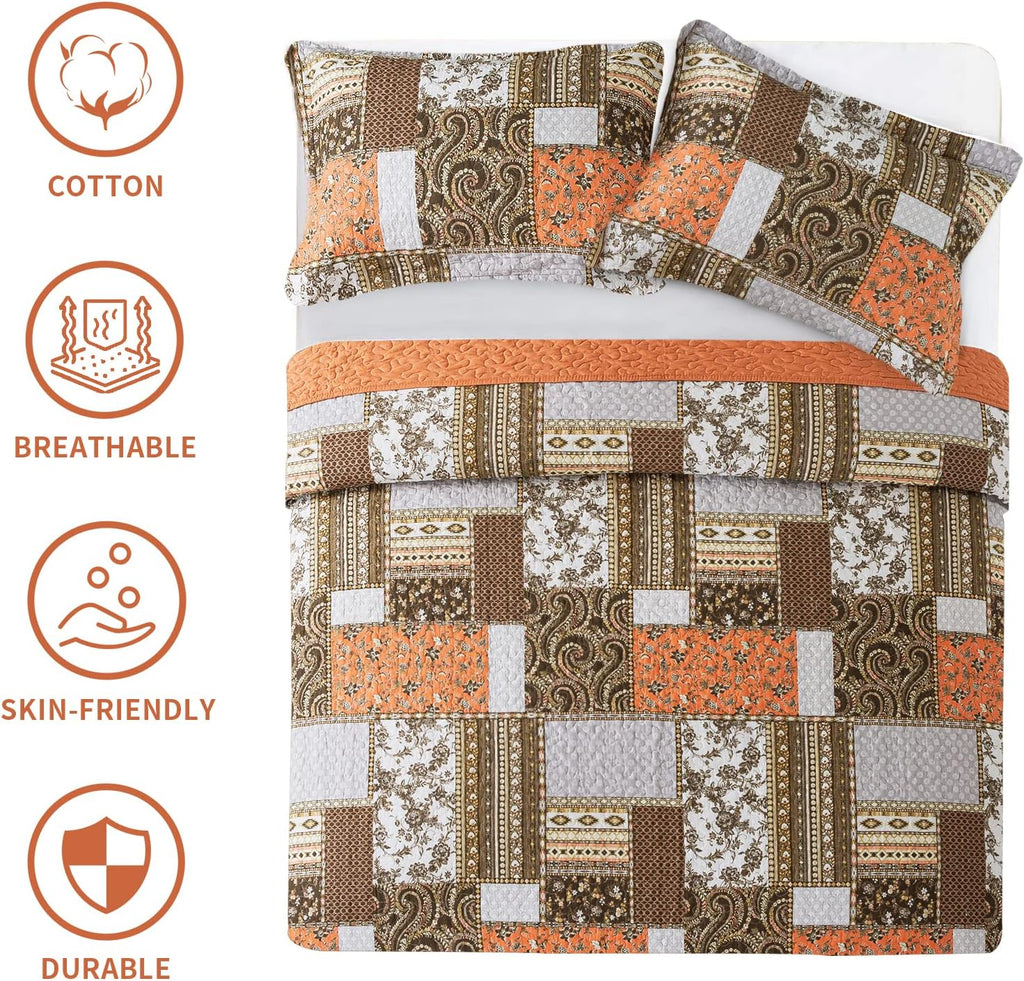 Farmhouse Cotton Quilts Queen Size for Fall - Lightweight Patchwork Autumn Bedspread Set for Bed Coverlet - Highly-Woven Soft Reversible Bed Spread for All Seasons (Floral Orange) 3 Pieces