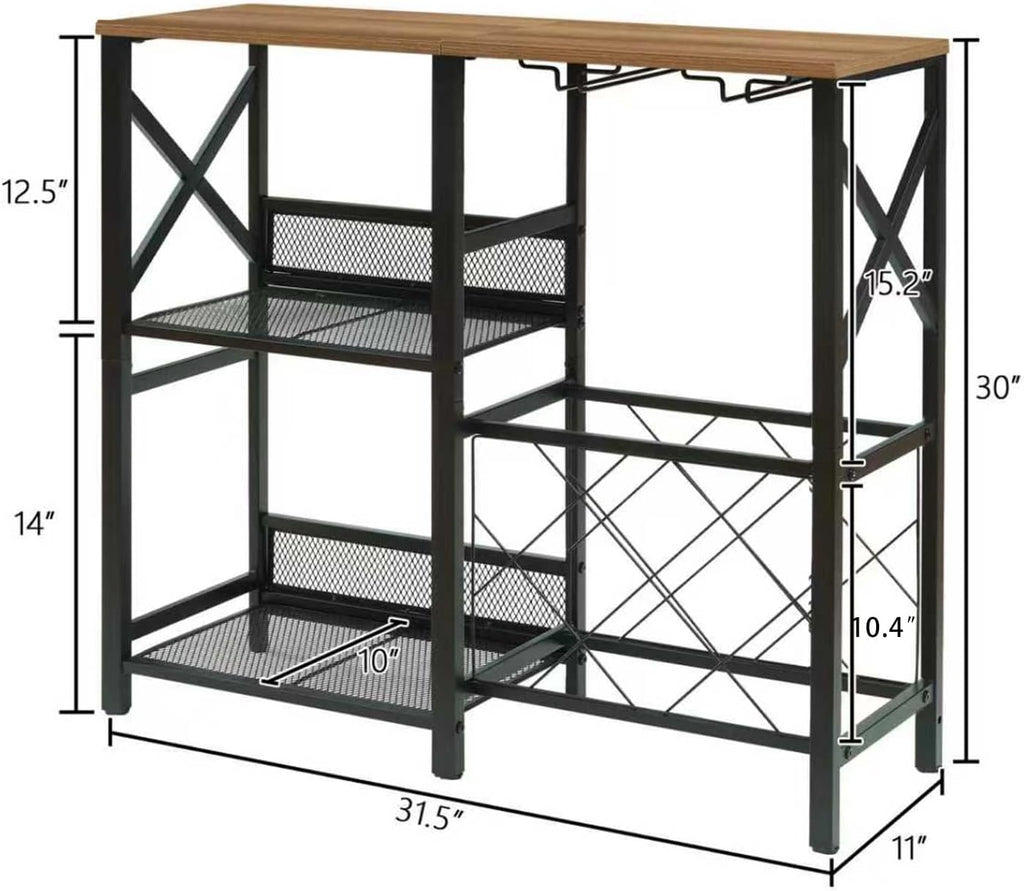 MNEETRUNG Wine Bar Cabinet, Rustic Freestanding Wine Rack with Glass Holder and Fence, Bar Cabinet with 2 Tier Storage, Liquor Shelf for Home Bar, Rustic Brown