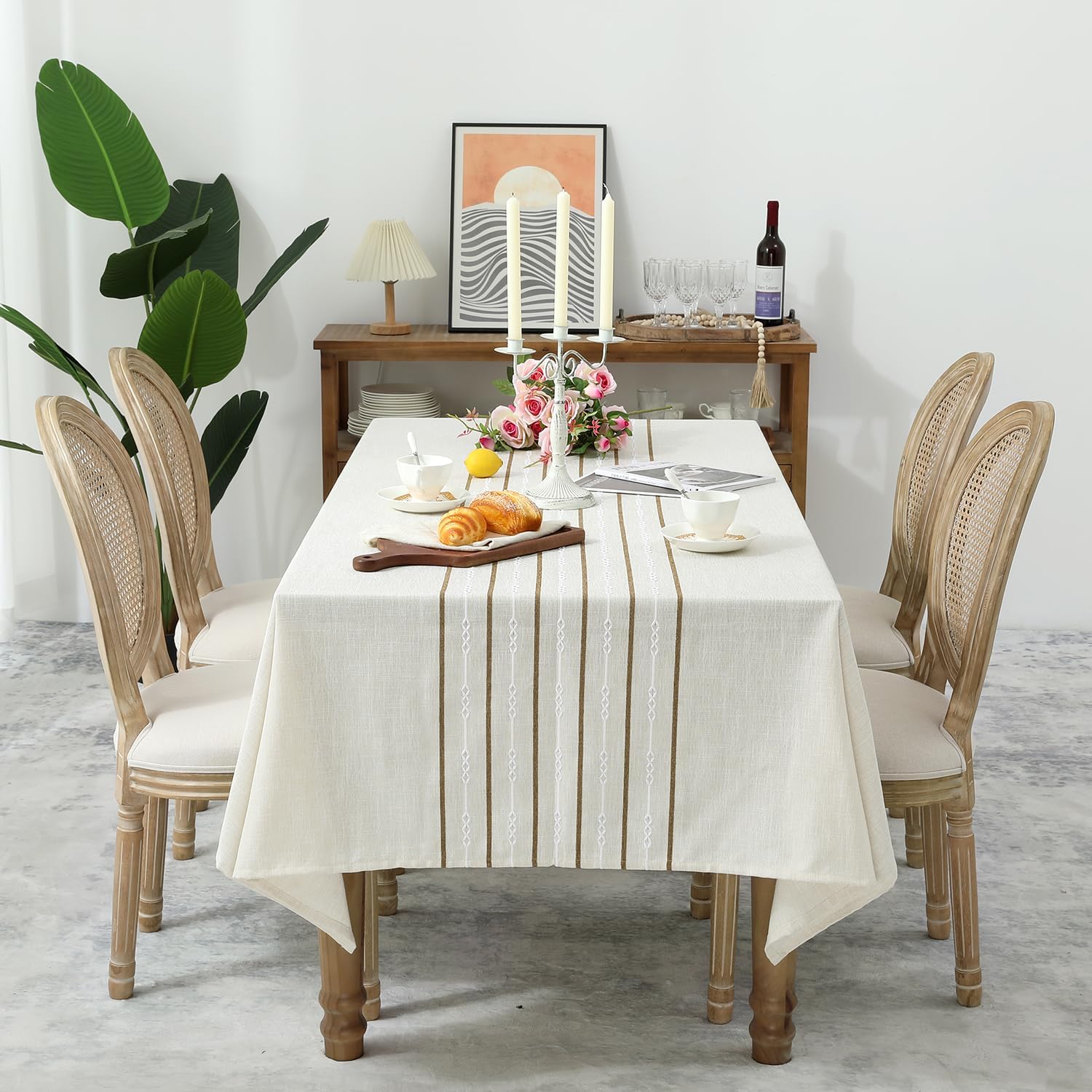 60 x 84 inches Farmhouse Style Linen tablecloths, Wrinkle Resistant Washable Dining Room Table Cloths for Rectangle Tables - Hemstitch Light Coffee