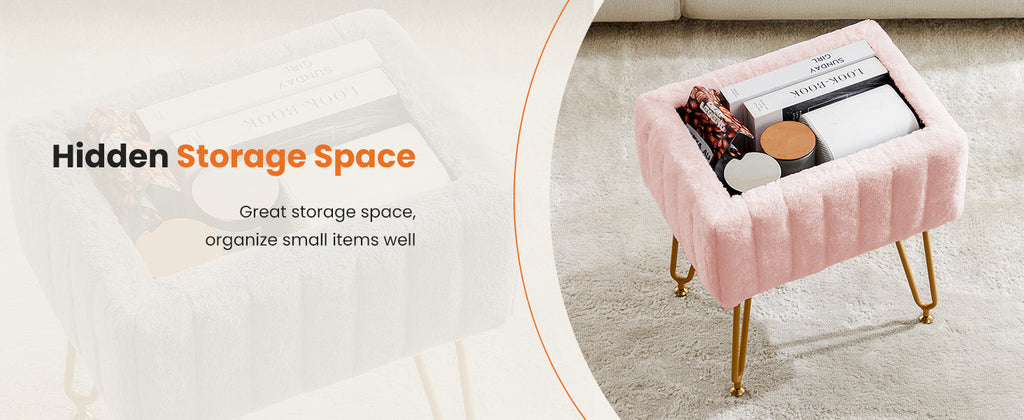Vanity Stool Chair with Storage, 18.9”H x 16”L x 12.2”W Ottoman Chair Faux Fur Soft Padded Makeup Footstools Seat with 4 Metal Legs Anti-Slip Adjustable Feet for Make Up, Pink