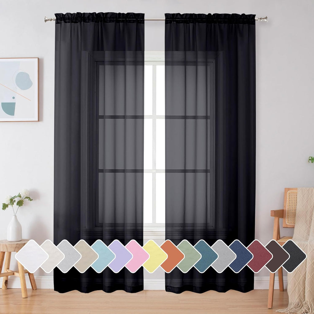 Black Sheer Curtains 84 Inches Long, Light Filtering Rod Pocket Solid Color Window Sheer Curtain Panels, Elegant Curtains & Drapes for Living Room, Bedroom 2 Panels (Black, 42" W x 84" L)