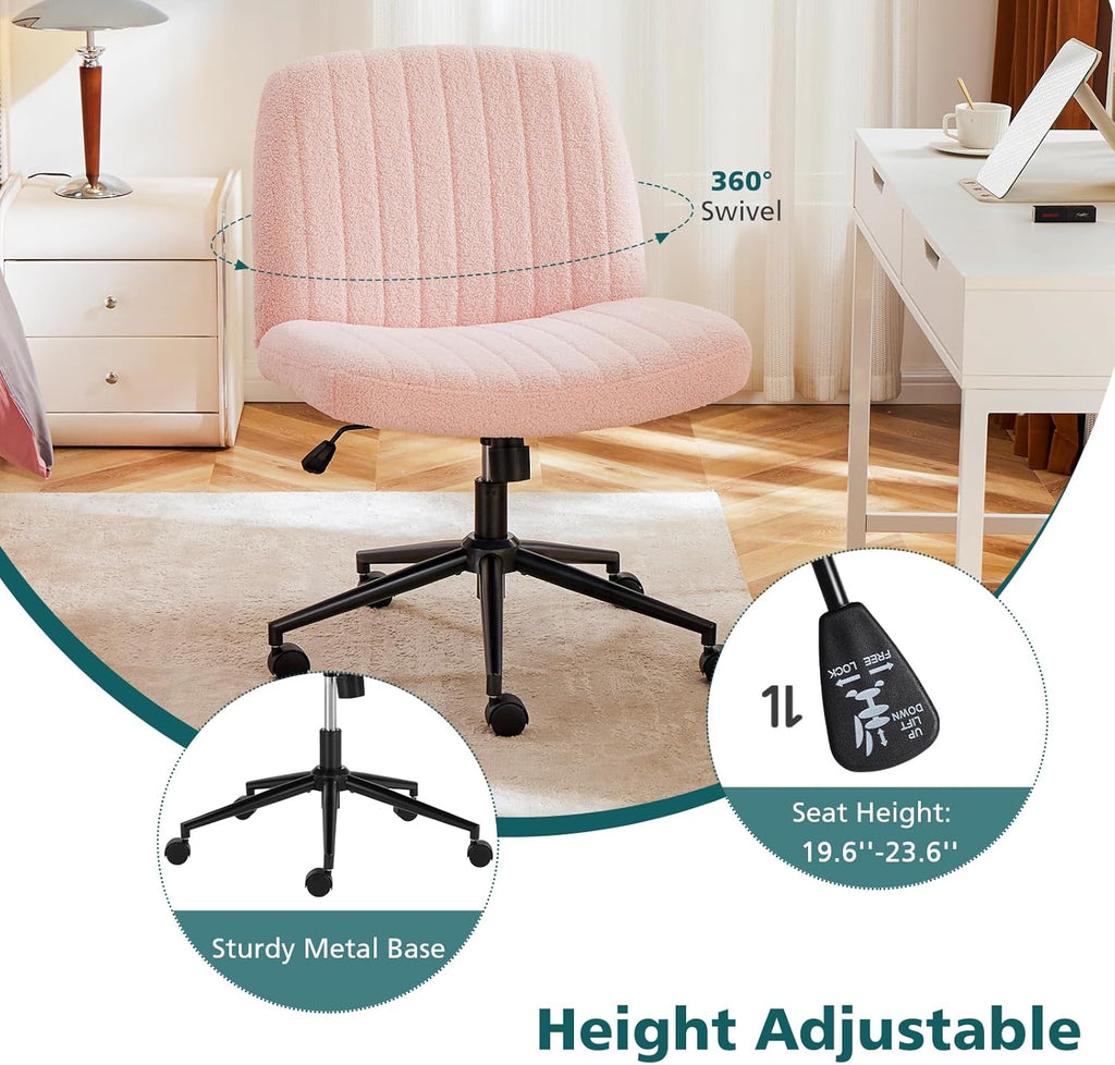 Criss Cross Chair with Wheels Wide Cross Legged Office Desk Vanity Chair Comfy Fabric Armless Adjustable Swivel for Home Computer Task Teddy Pink