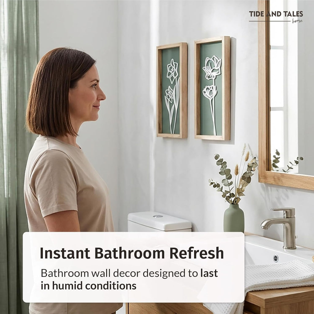 3D Floral Green Wall Art (Set of 2) Lightweight, Wooden Ready-to-Hang Boho Framed Wall Art for Bathroom, Bedroom, Living Room or Office – Premium Sage Green Farmhouse Decor – Gift-Boxed