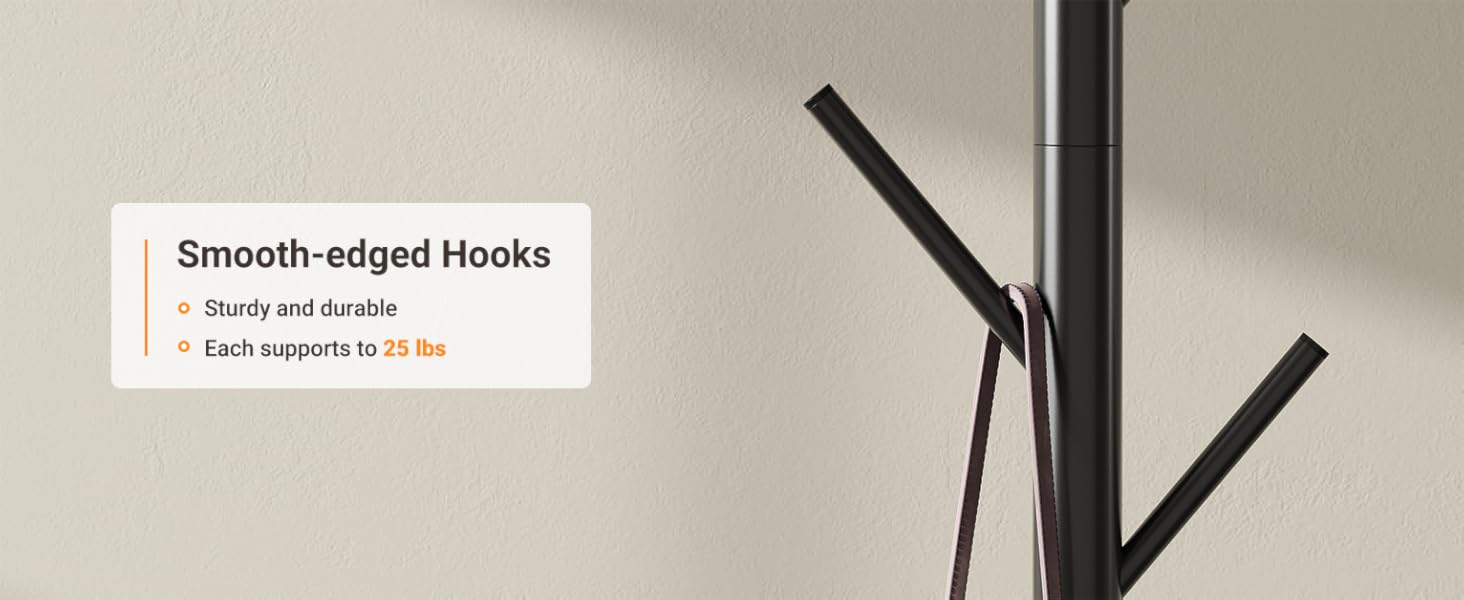 Coat Rack Freestanding with Natural Marble Base, Metal Coat Rack Stand with 10 Hooks, 3 Adjustable Size Coat Tree for Bags, Clothes, and Hats for Entryway, Bedroom, Hallway, Office, Black